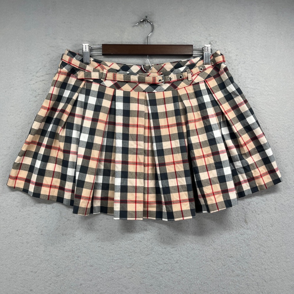 Fashion Nova Mini Skirt Women XL Tan Plaid Pleated Belted Preppy School Girl Y2K